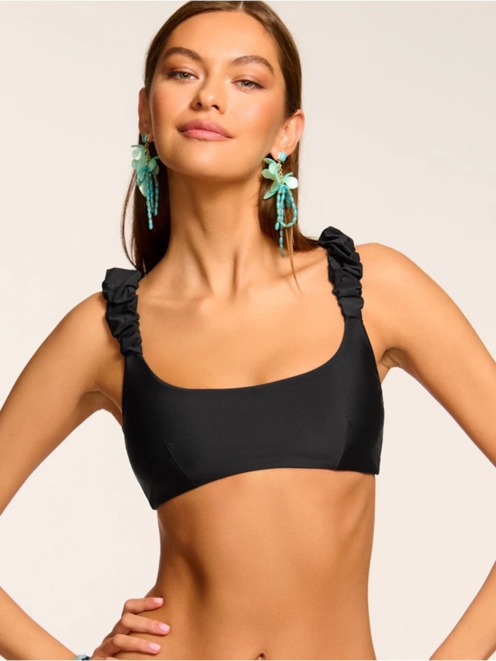 Ramy Brook Rachel Bikini Top NWT Black Ruched Ruffle Strap Swim Top Size S